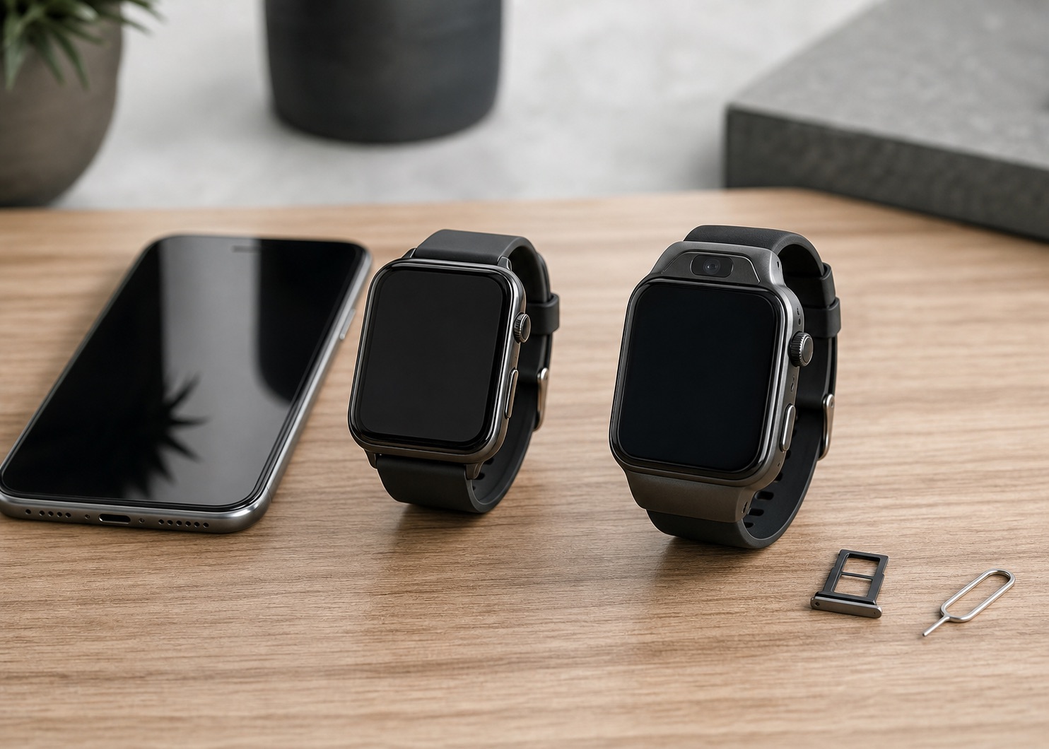 Two smartwatch connection options beside a phone and SIM tray