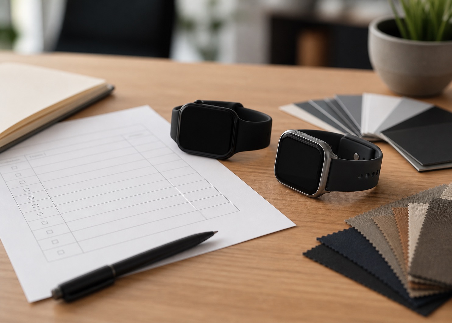 Smartwatch samples and a product specification worksheet