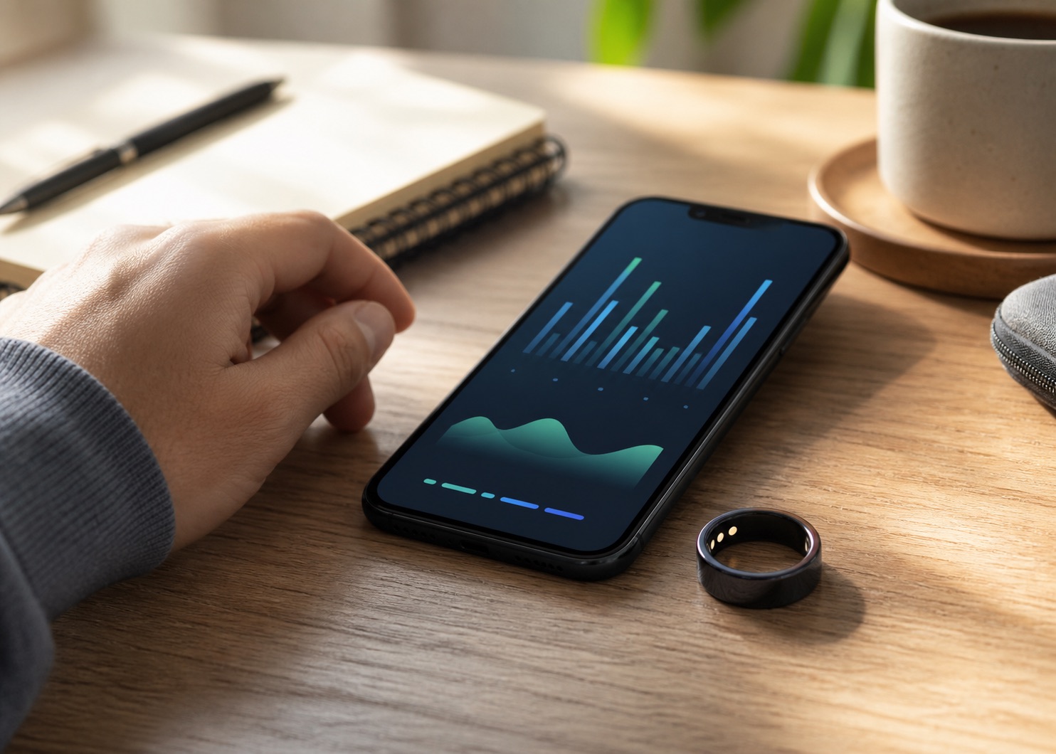 Smart ring near a phone showing an activity trend display