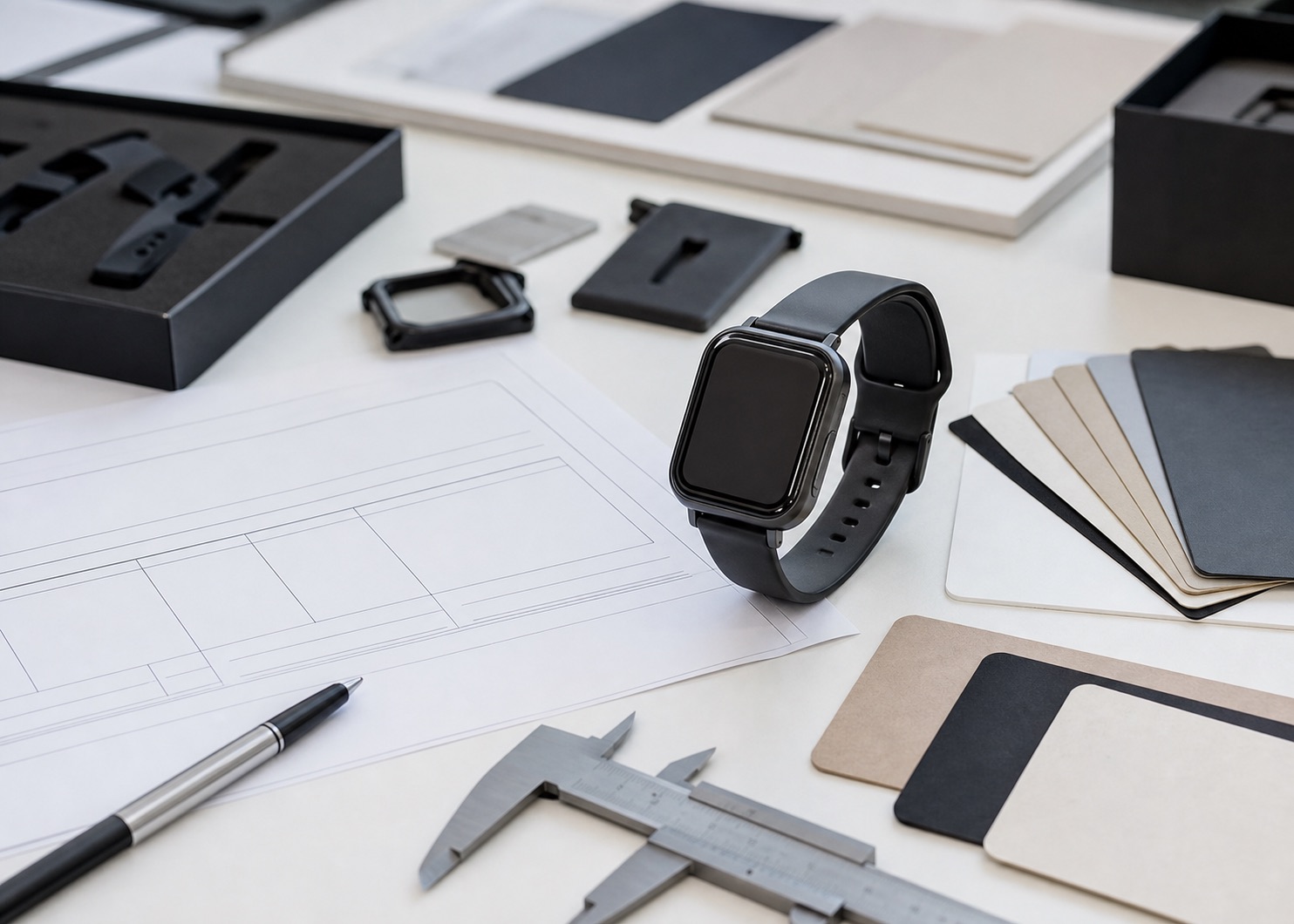 Smartwatch sample, material swatches and specification pages