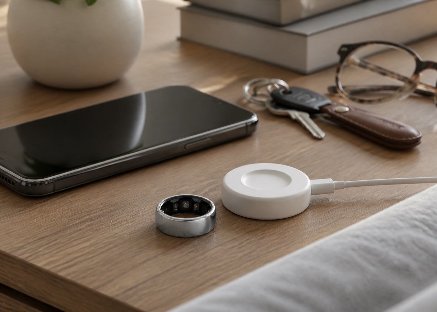 Smart ring beside its charging cradle