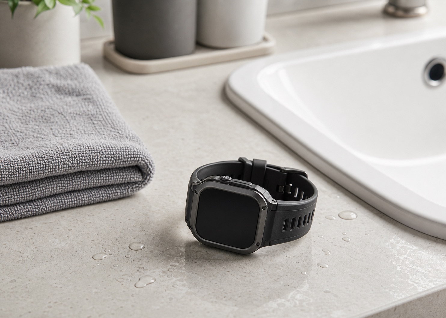 Smartwatch placed near a sink with a dry towel